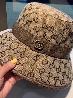Gucci GG Canvas Bucket Hat with Leather Trim